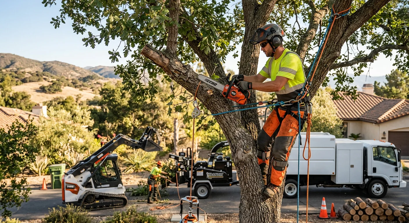 Arborist inspecting a mature oak trunk during a tree risk assessment in Ojai