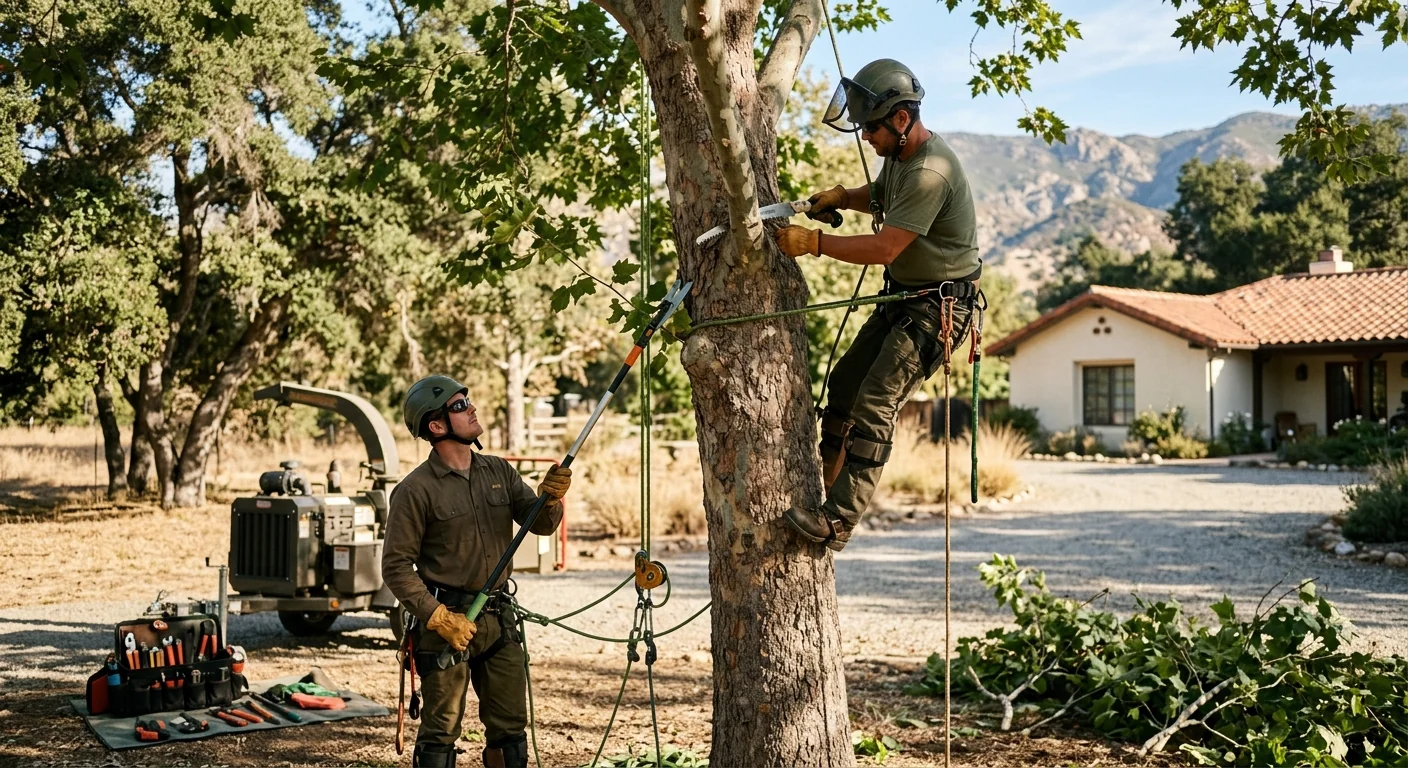 Certified arborist inspecting a mature tree during a risk assessment in Ojai