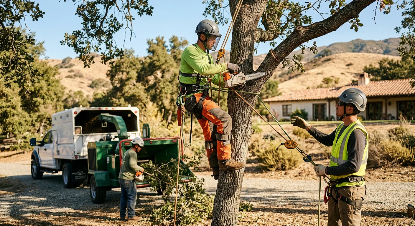Arborist inspecting a mature oak trunk for decay during a risk assessment in Ojai