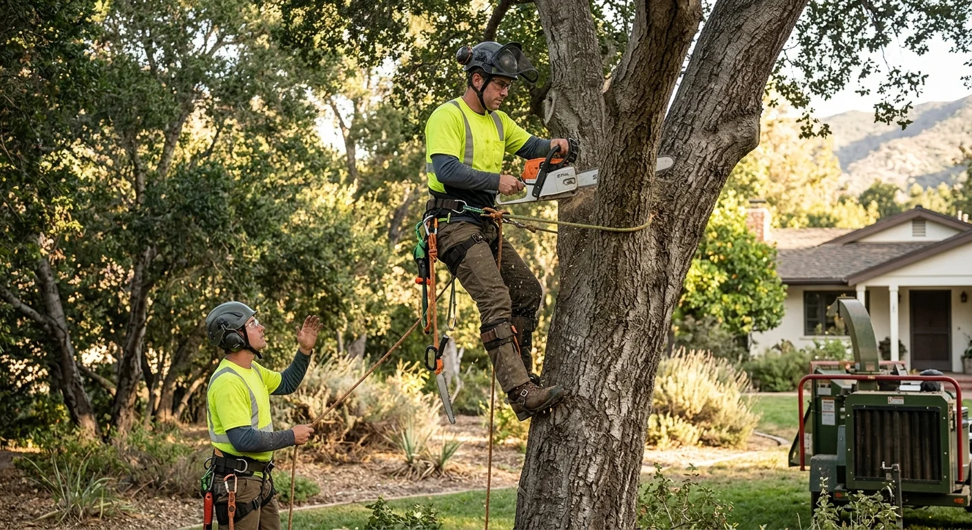 Cracked branch union and lifting root plate on a leaning tree in Ojai