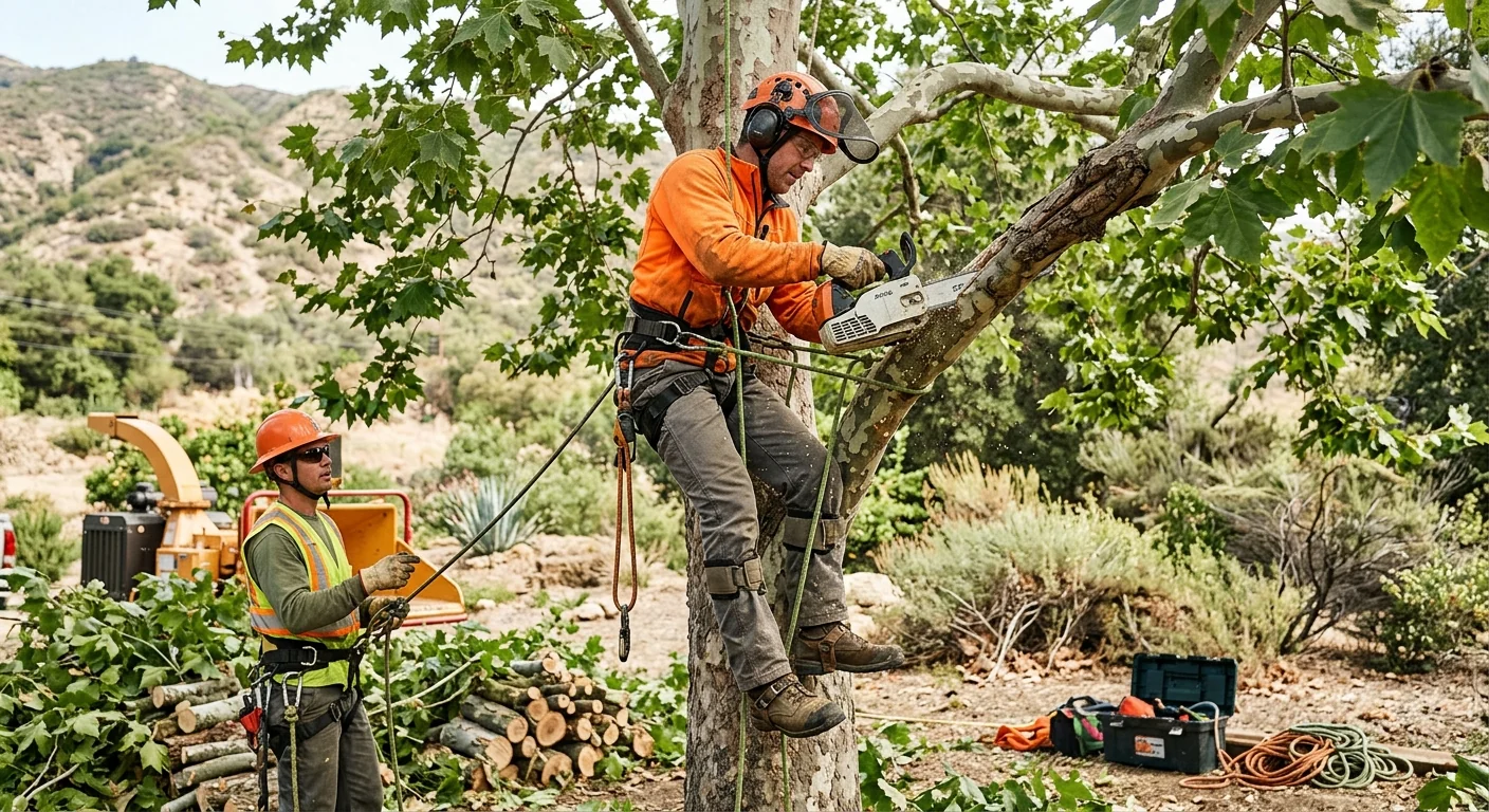 Technician recording measurements and risk ratings during a tree evaluation in Ojai