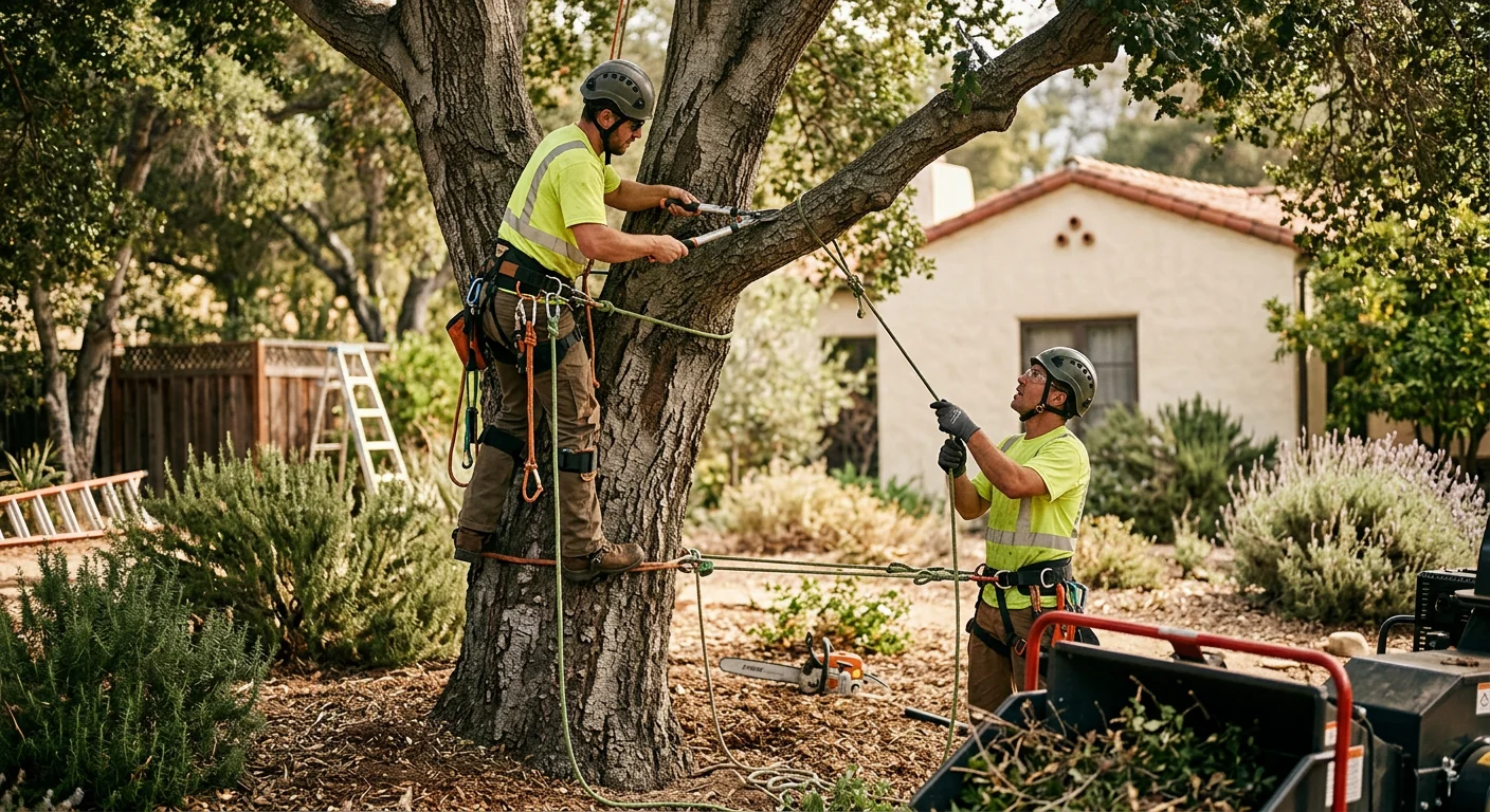 Technician explaining a pruning plan to a homeowner during an Ojai site walkthrough