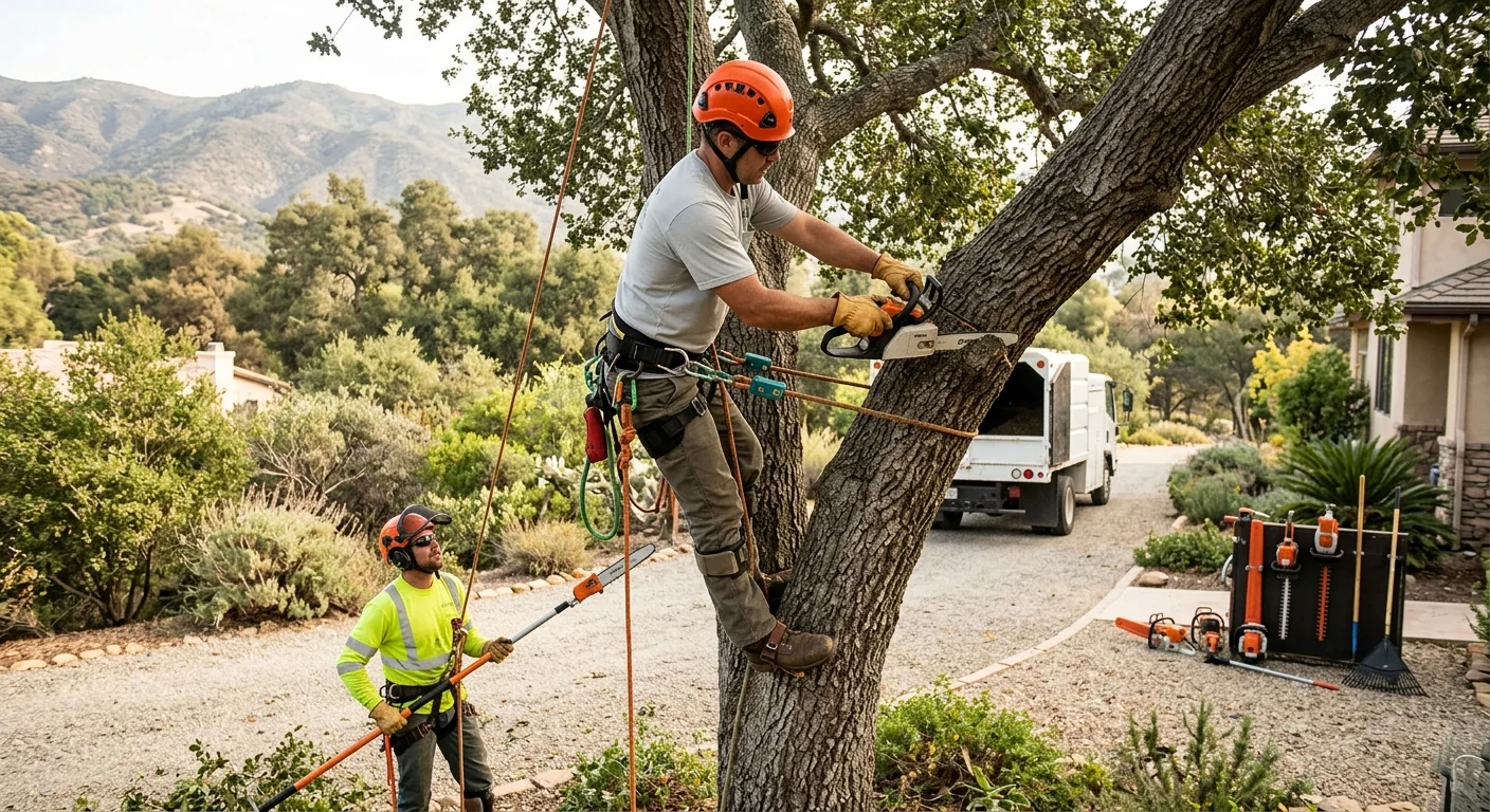 Tree service crew reviewing job schedule near an Ojai property with equipment ready