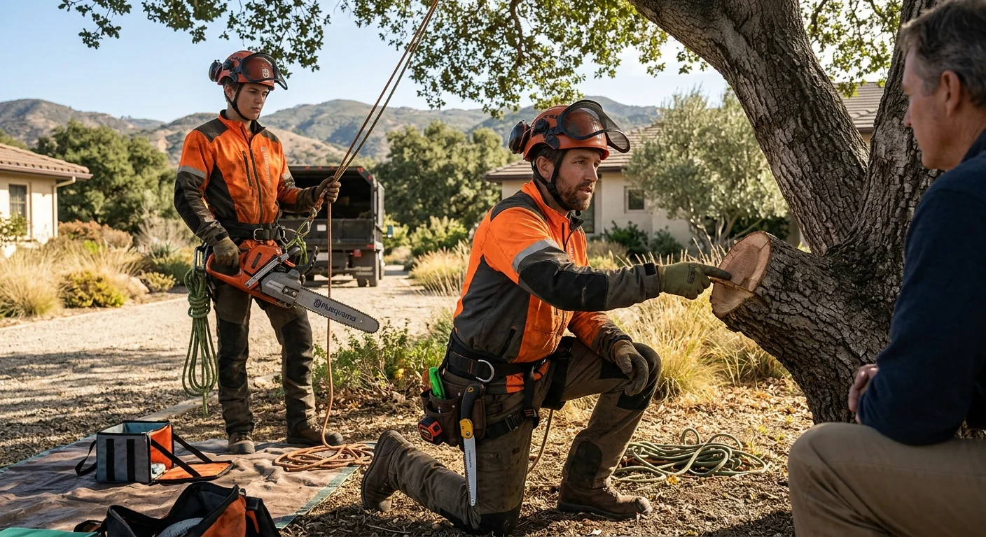 Tree crew reviewing a written estimate with a homeowner on an Ojai property