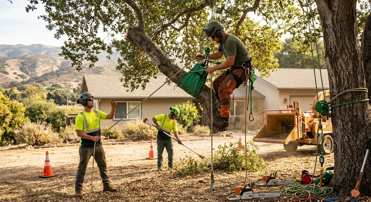 Arborist reviewing an estimate with a homeowner beside mature trees