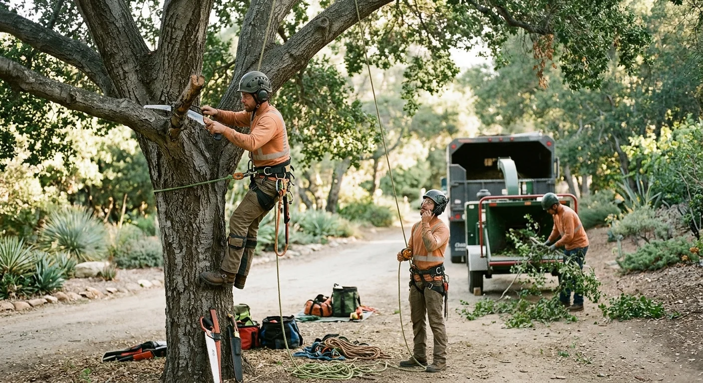 Arborist inspecting rigging equipment beside a mature oak on a sloped Ojai lot