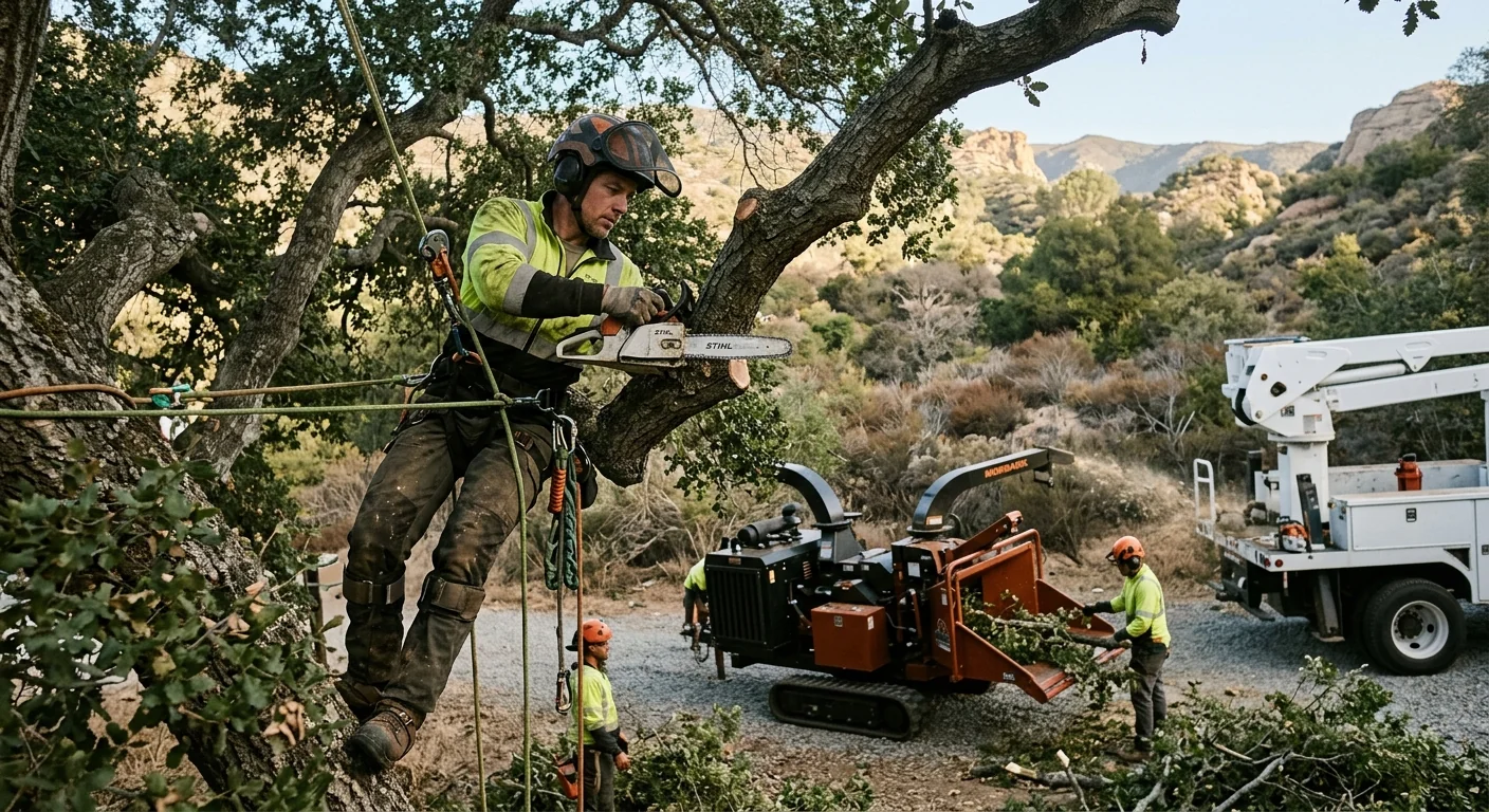 Arborist reviewing a scheduling clipboard beside a shaded residential property in Ojai