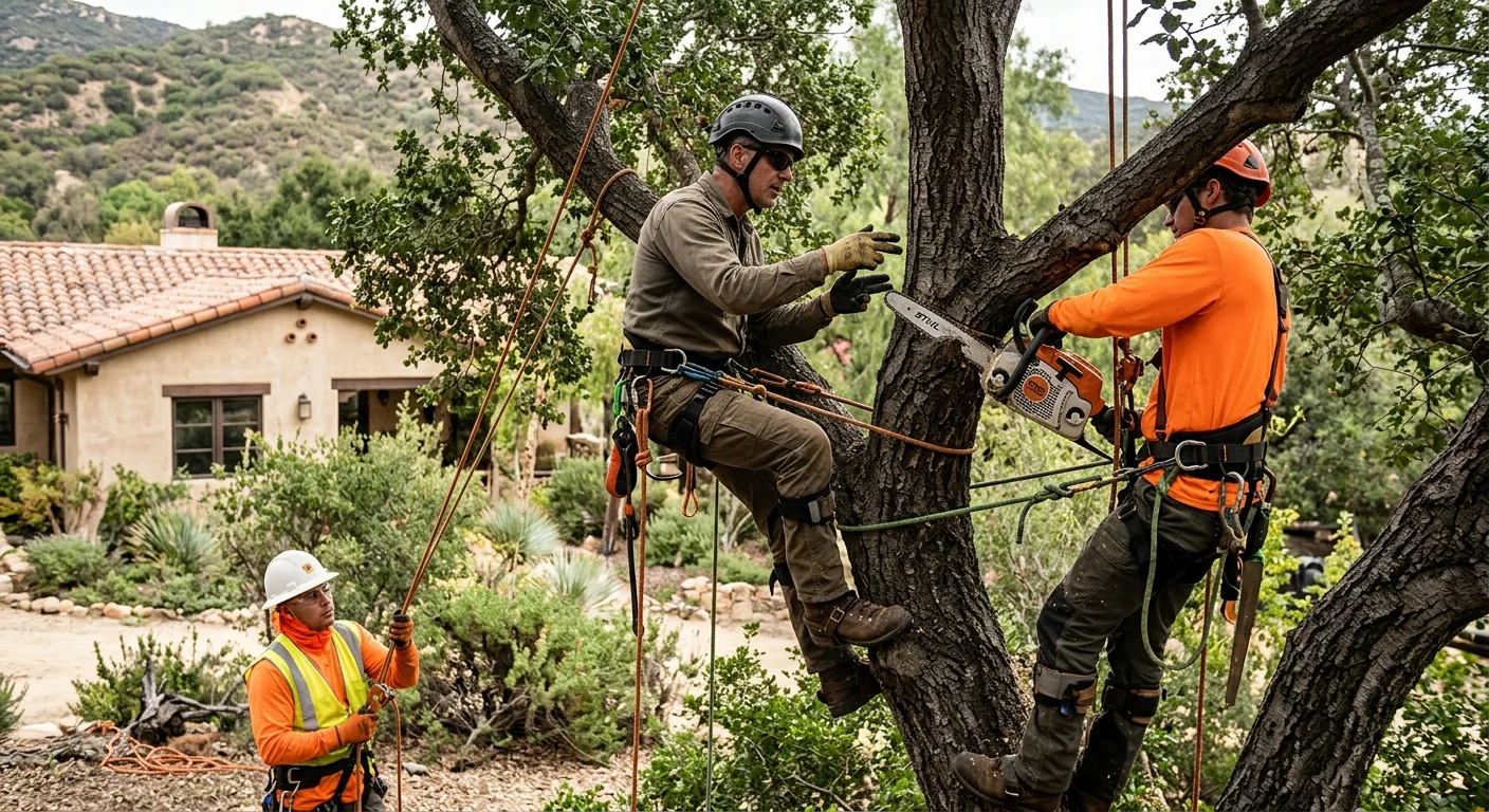 Arborist assessing mature oaks on a hillside property in Ojai