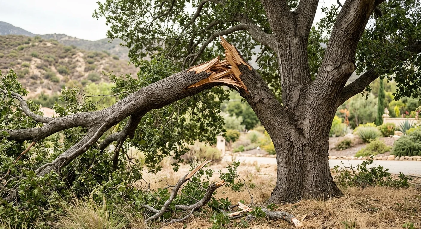 Arborist inspecting a stressed oak canopy on an Ojai hillside property