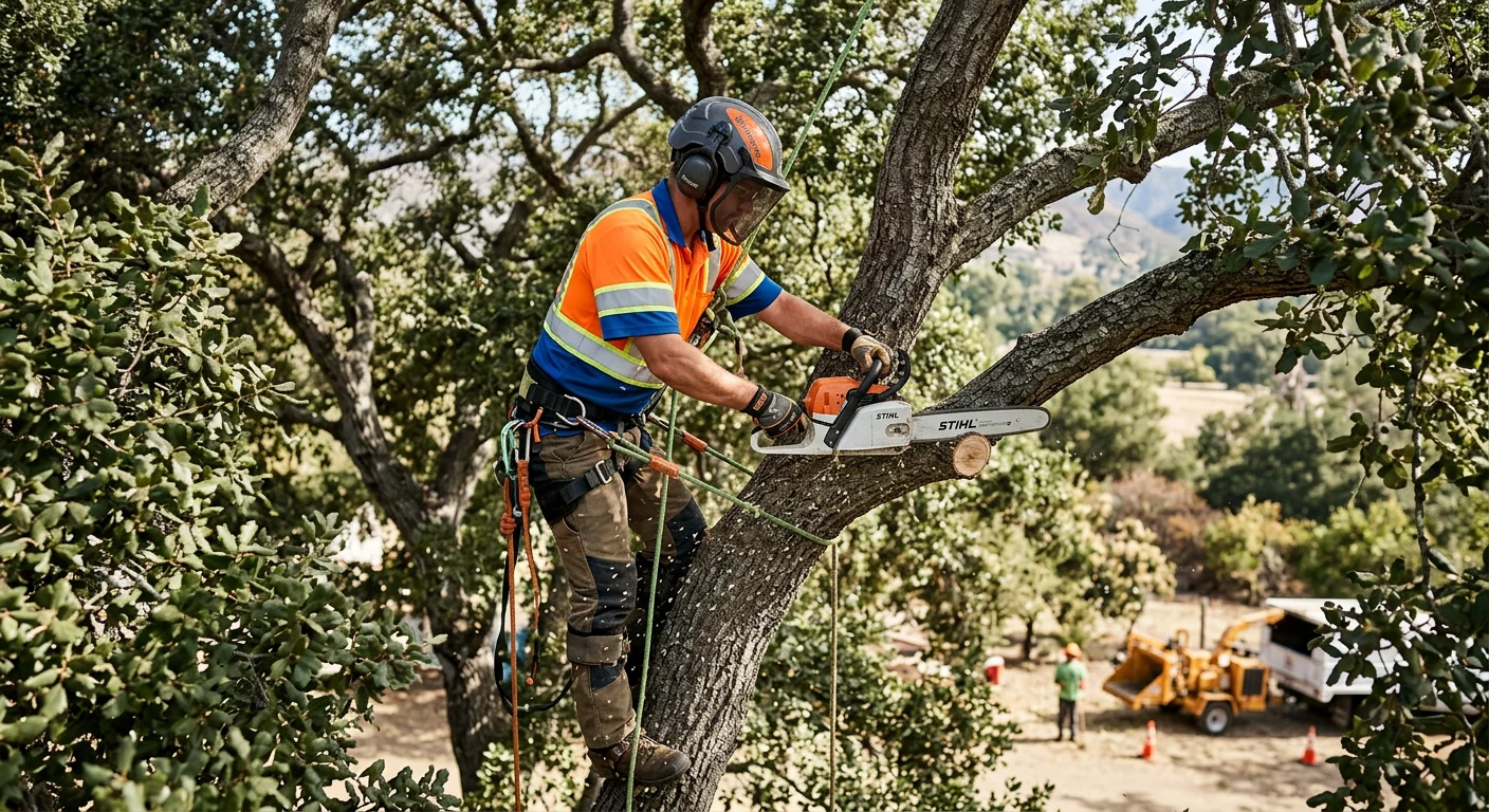 Certified climber making a precise directional cut high in an oak canopy in Ojai