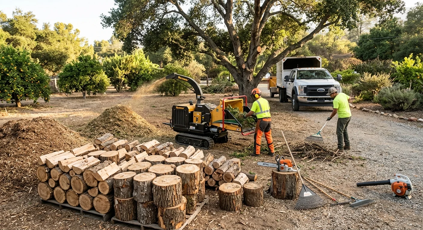 Wide view of a cleared residential lot with stacked logs and raked debris