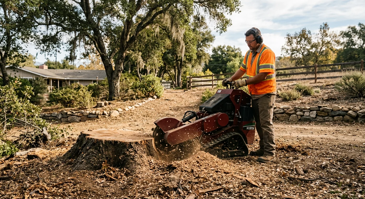 Stump grinder reducing a large hardwood stump to level ground in a backyard