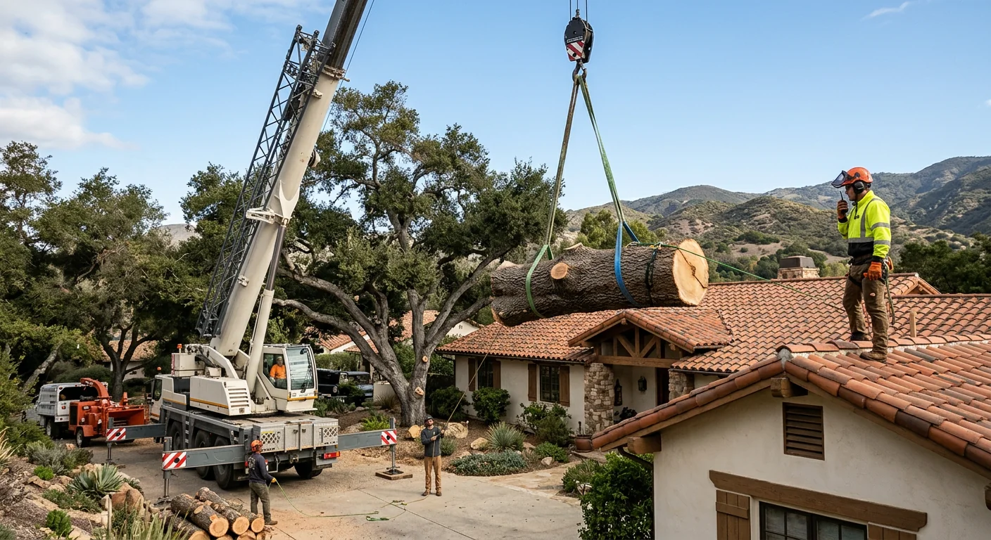 Crane lifting a sectioned trunk over a rooftop during controlled tree removal