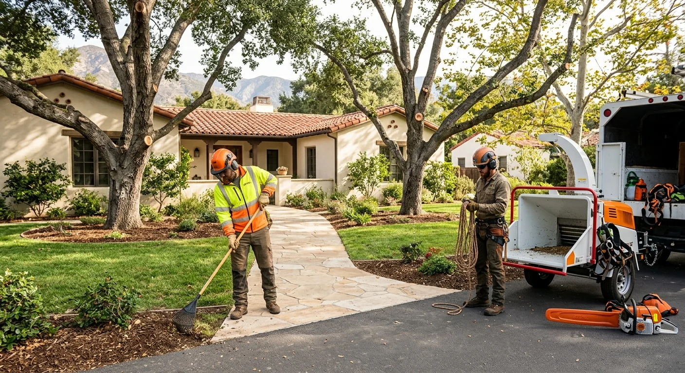 Finished front yard with balanced crown-thinned trees and swept, clean walkways