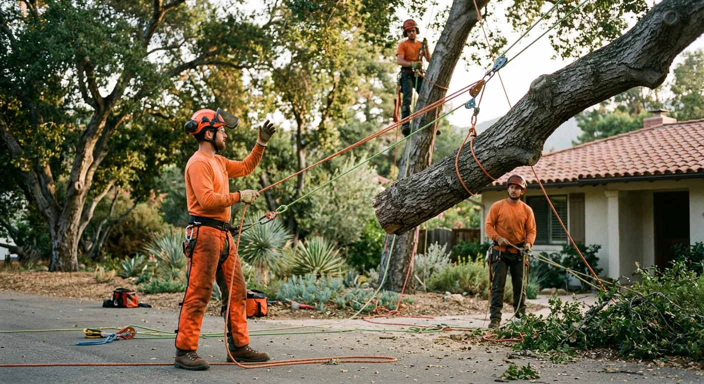 Tree crew reviewing site assessment notes before a controlled removal in Ojai