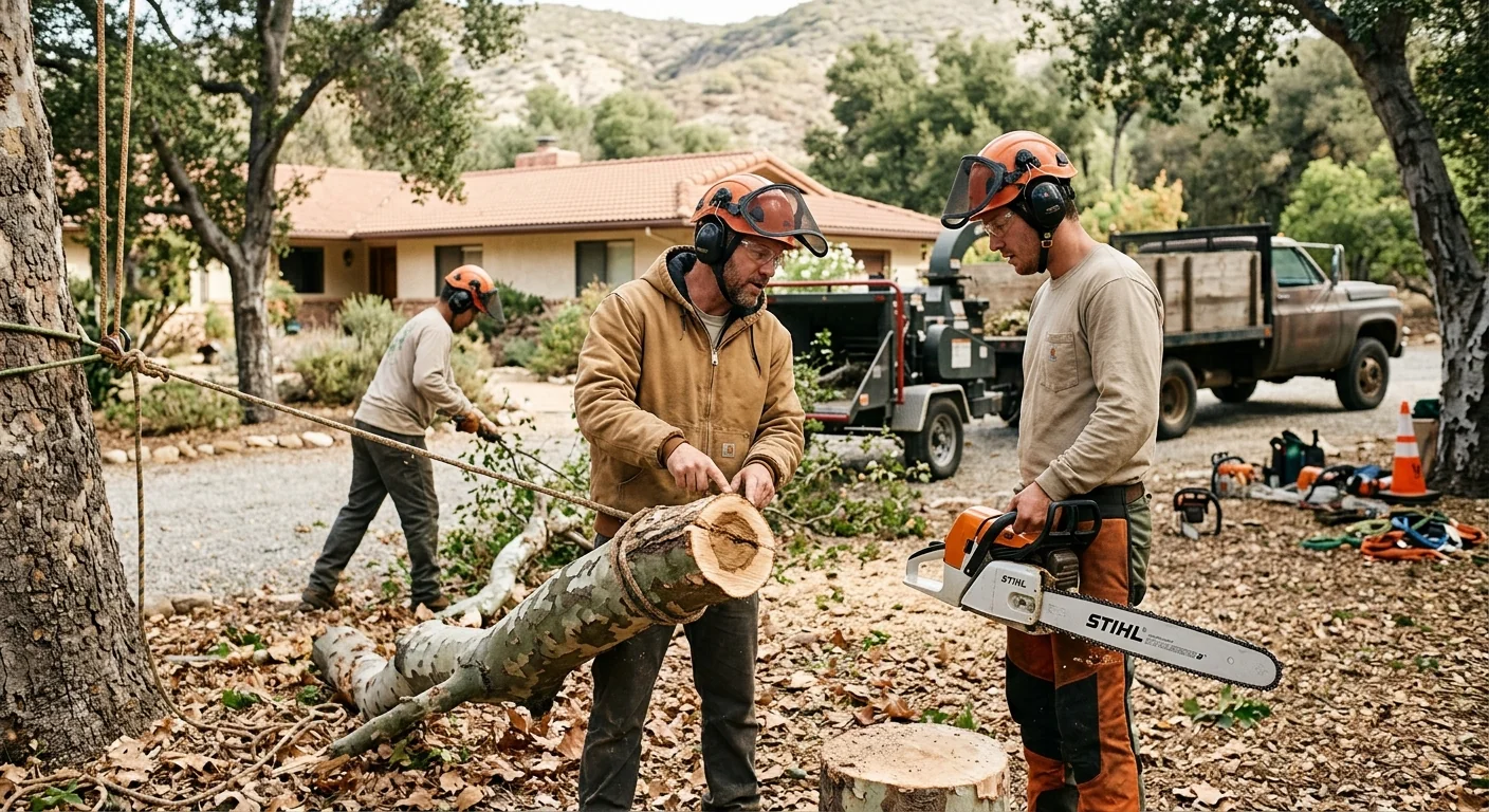 Experienced climber performing precise canopy pruning on a tall tree at an Ojai hillside property