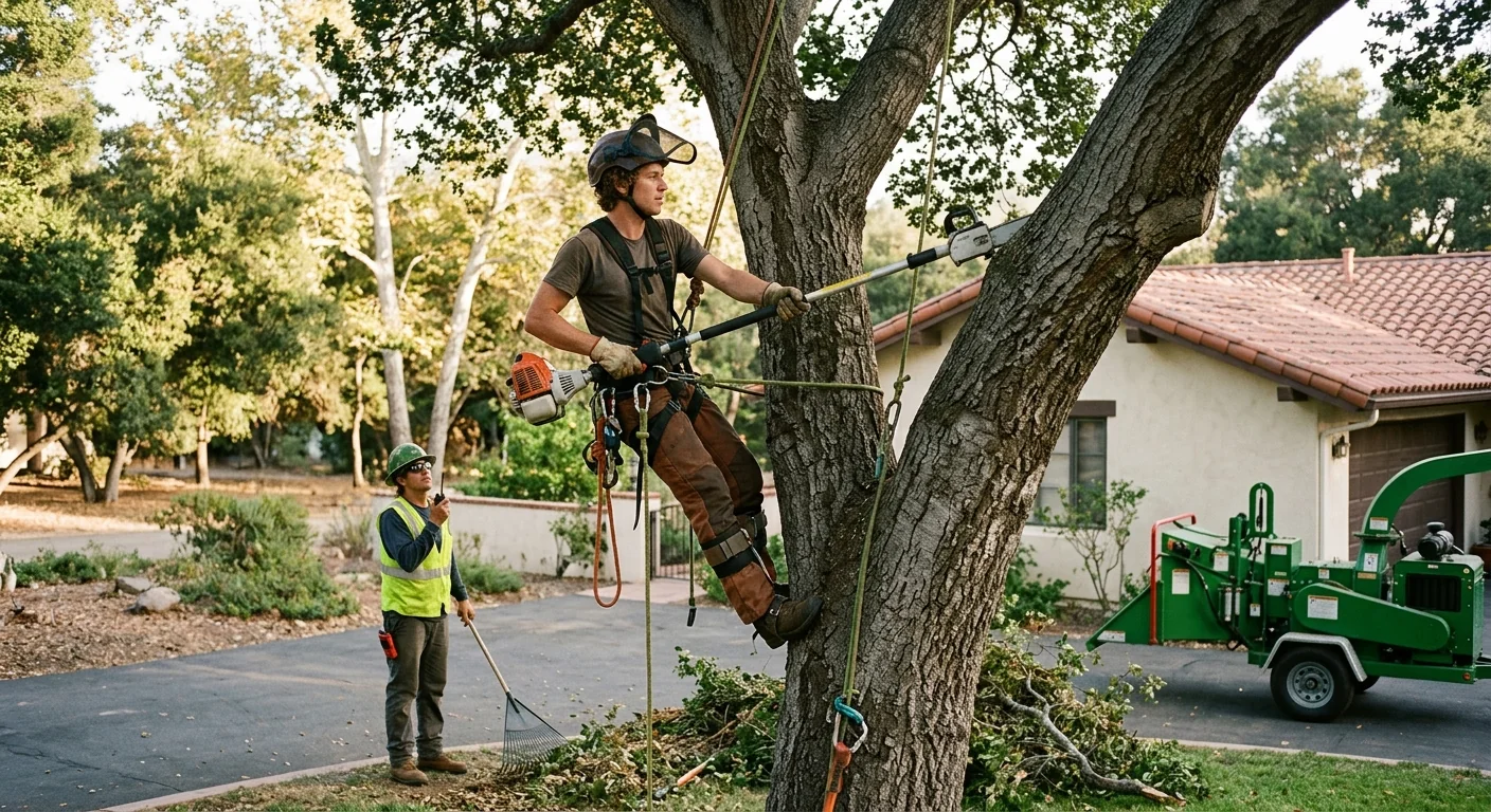 Arborist evaluating a large oak canopy for trimming on an Ojai property