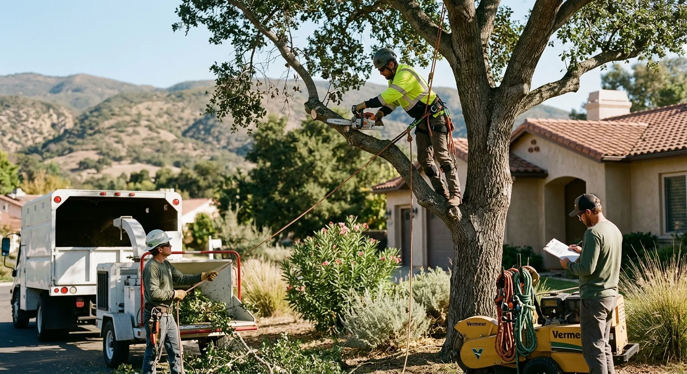 Arborist inspecting a trimmed oak canopy on an Ojai residential property