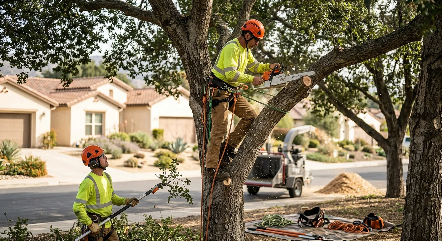 Arborist making a precise pruning cut on a shaded oak canopy in Ojai