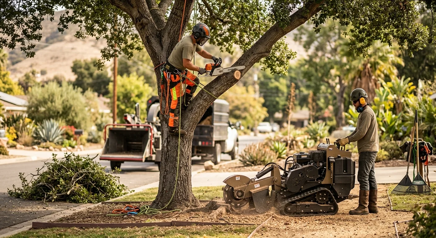 Trained climber using rigging to trim a mature tree above an Ojai backyard